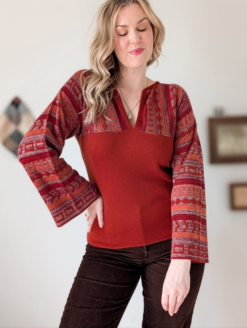 70s Red Bell Sleeve V Neck Knit Blouse